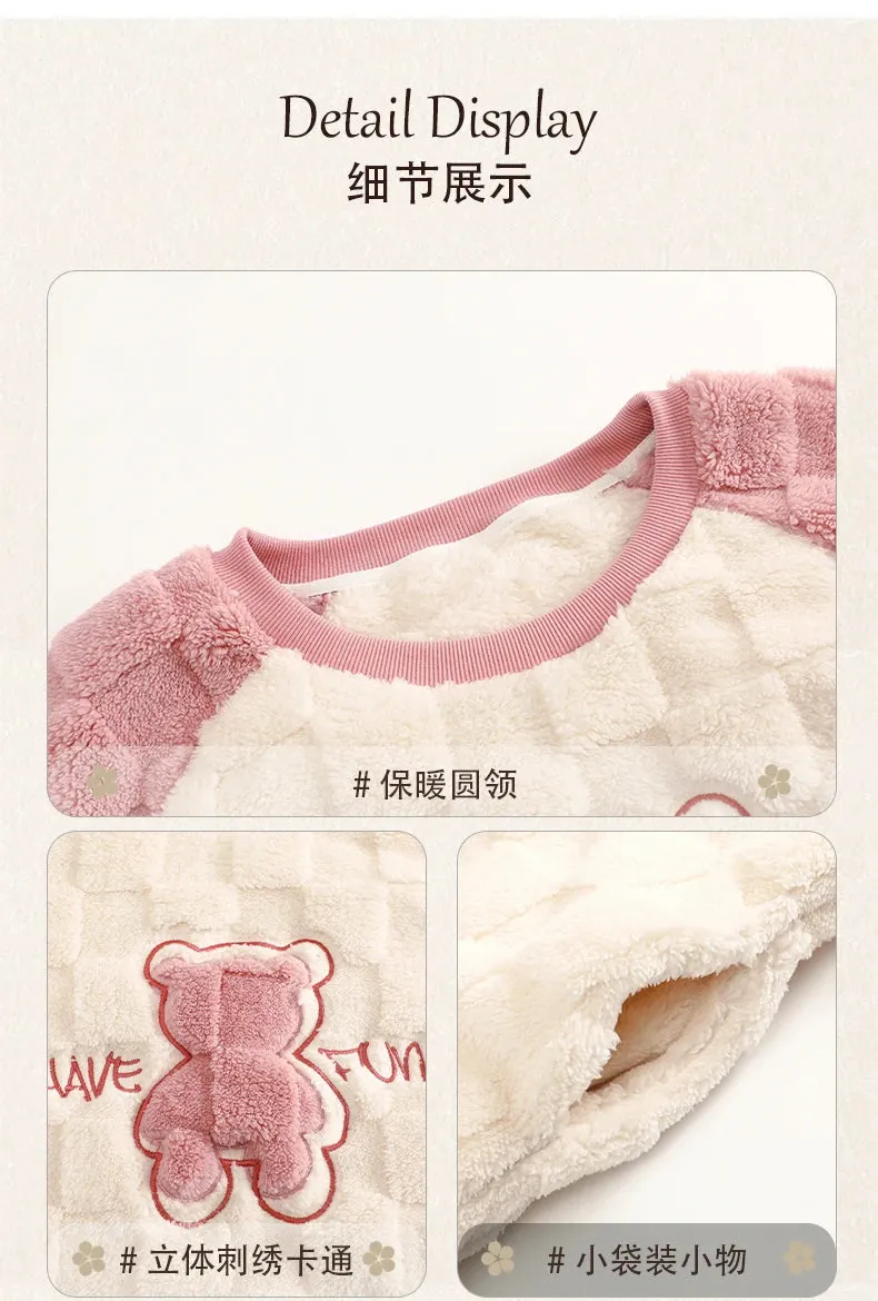 SUKAE HQ Chinese Thick Velvet Winter Women Thermal Pajamas Set Long Sleeves Pijamas Pink Bear Preppy Sleepwear Korean Pyjamas