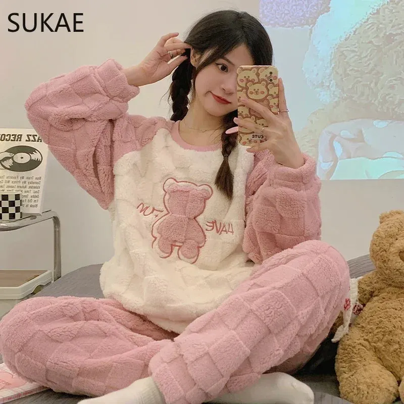 SUKAE HQ Chinese Thick Velvet Winter Women Thermal Pajamas Set Long Sleeves Pijamas Pink Bear Preppy Sleepwear Korean Pyjamas