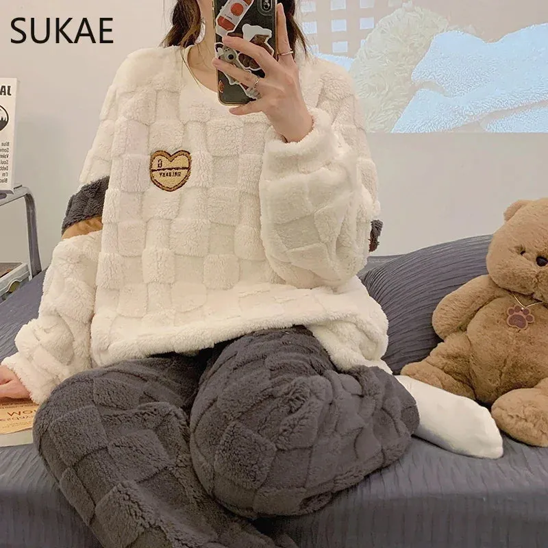 SUKAE HQ Chinese Thick Velvet Winter Women Thermal Pajamas Set Long Sleeves Pijamas Pink Bear Preppy Sleepwear Korean Pyjamas