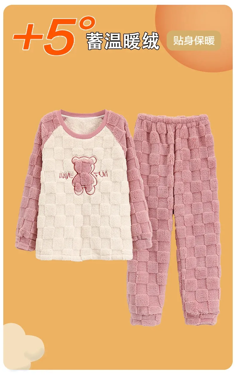 SUKAE HQ Chinese Thick Velvet Winter Women Thermal Pajamas Set Long Sleeves Pijamas Pink Bear Preppy Sleepwear Korean Pyjamas