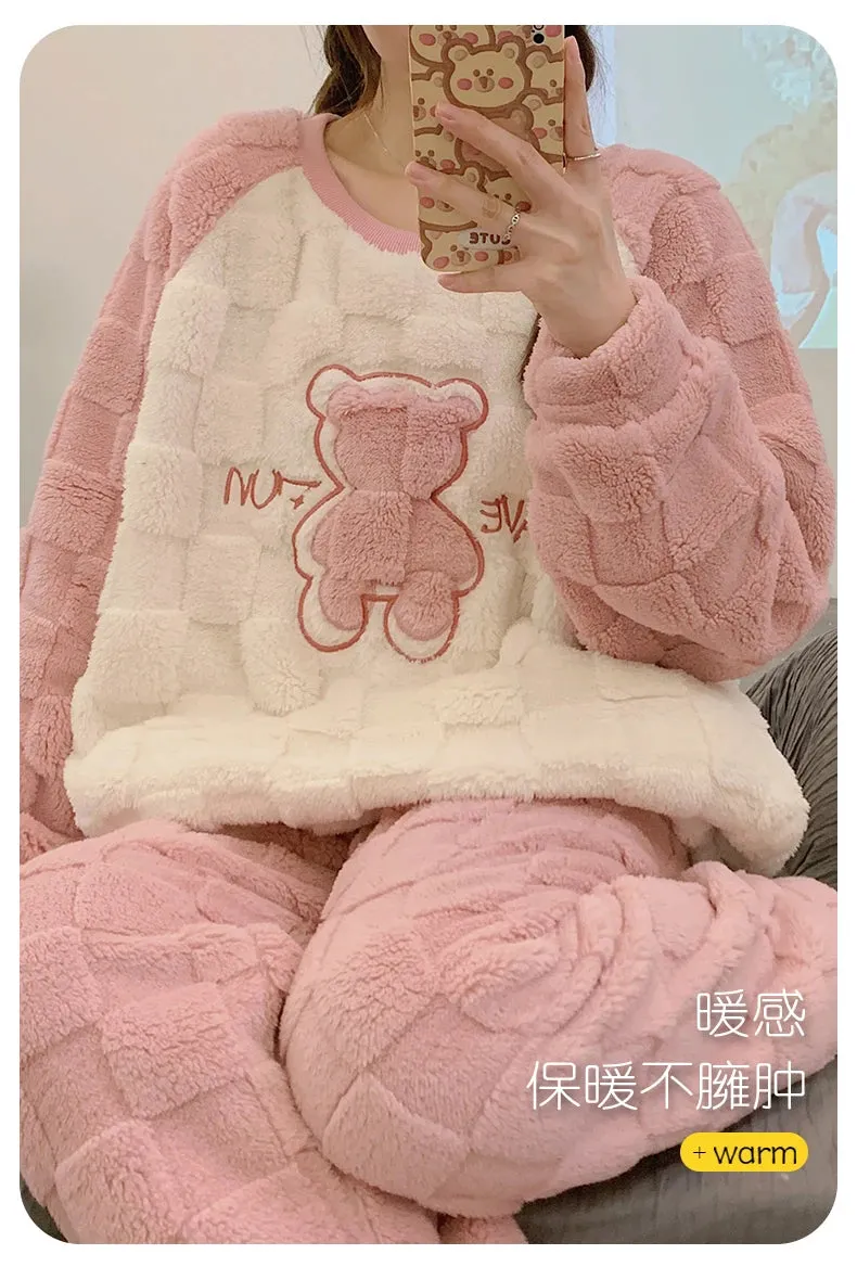 SUKAE HQ Chinese Thick Velvet Winter Women Thermal Pajamas Set Long Sleeves Pijamas Pink Bear Preppy Sleepwear Korean Pyjamas