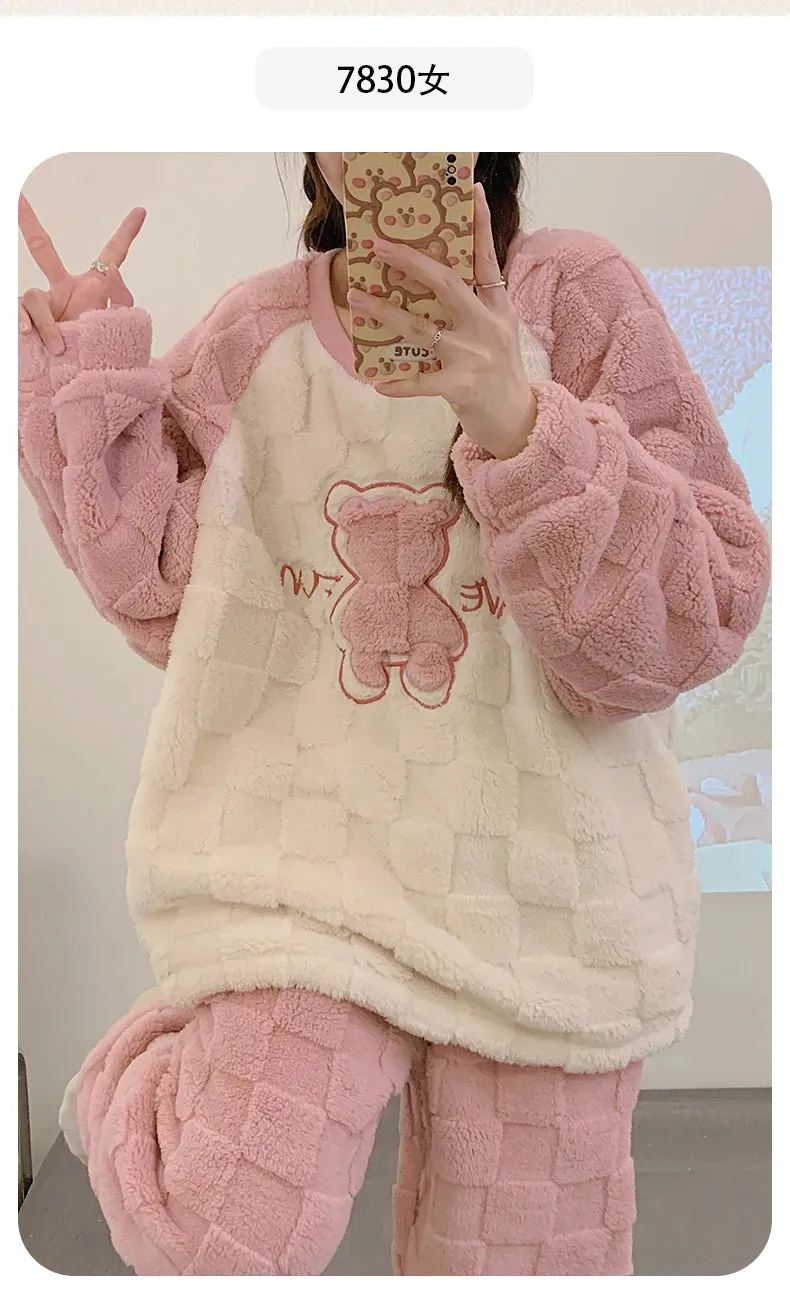 SUKAE HQ Chinese Thick Velvet Winter Women Thermal Pajamas Set Long Sleeves Pijamas Pink Bear Preppy Sleepwear Korean Pyjamas