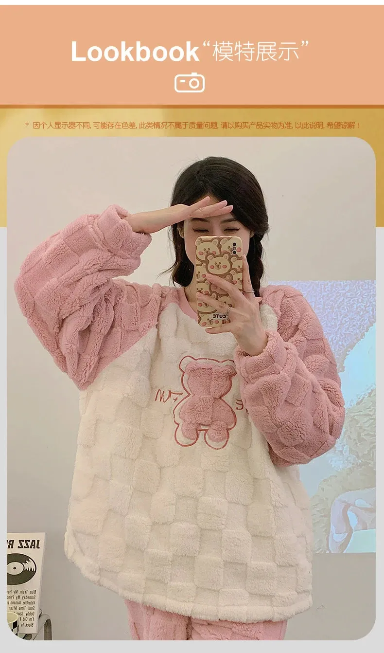 SUKAE HQ Chinese Thick Velvet Winter Women Thermal Pajamas Set Long Sleeves Pijamas Pink Bear Preppy Sleepwear Korean Pyjamas