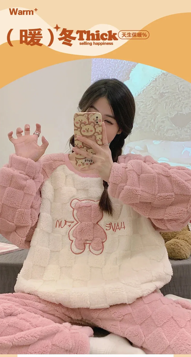 SUKAE HQ Chinese Thick Velvet Winter Women Thermal Pajamas Set Long Sleeves Pijamas Pink Bear Preppy Sleepwear Korean Pyjamas