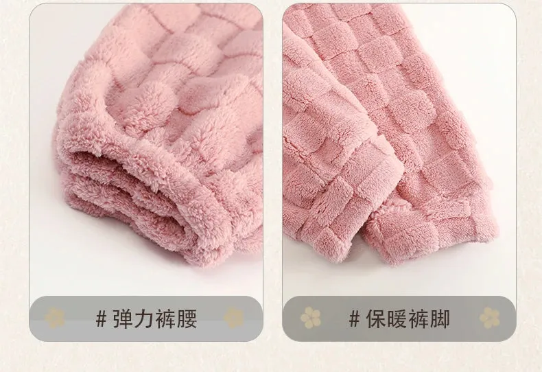 SUKAE HQ Chinese Thick Velvet Winter Women Thermal Pajamas Set Long Sleeves Pijamas Pink Bear Preppy Sleepwear Korean Pyjamas