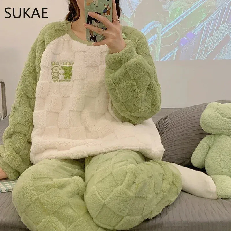 SUKAE HQ Chinese Thick Velvet Winter Women Thermal Pajamas Set Long Sleeves Pijamas Pink Bear Preppy Sleepwear Korean Pyjamas