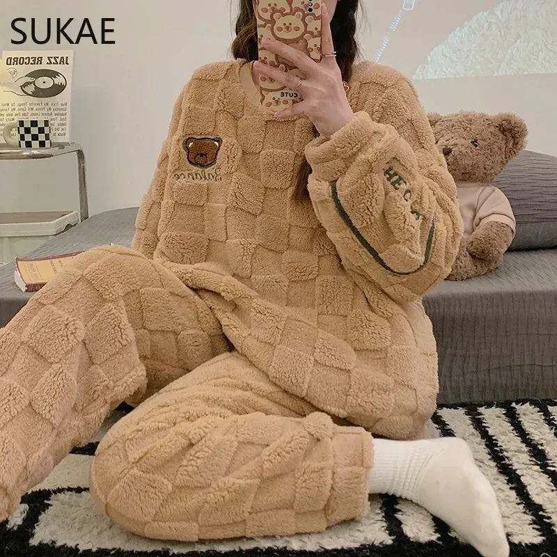 SUKAE HQ Chinese Thick Velvet Winter Women Thermal Pajamas Set Long Sleeves Pijamas Pink Bear Preppy Sleepwear Korean Pyjamas