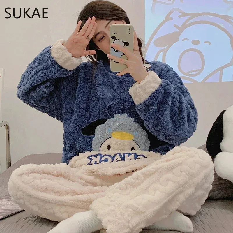 SUKAE HQ Chinese Thick Velvet Winter Women Thermal Pajamas Set Long Sleeves Pijamas Pink Bear Preppy Sleepwear Korean Pyjamas