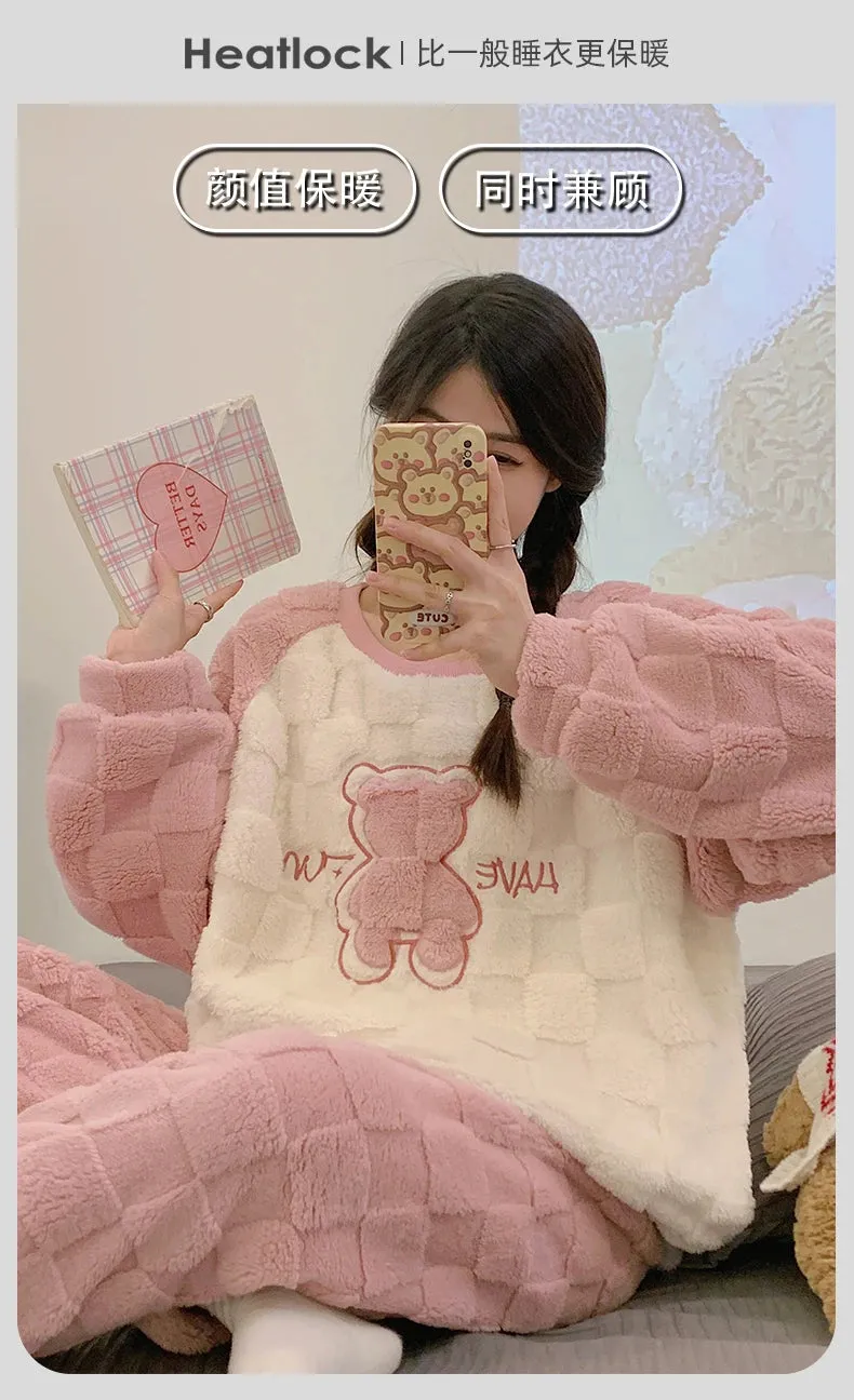SUKAE HQ Chinese Thick Velvet Winter Women Thermal Pajamas Set Long Sleeves Pijamas Pink Bear Preppy Sleepwear Korean Pyjamas