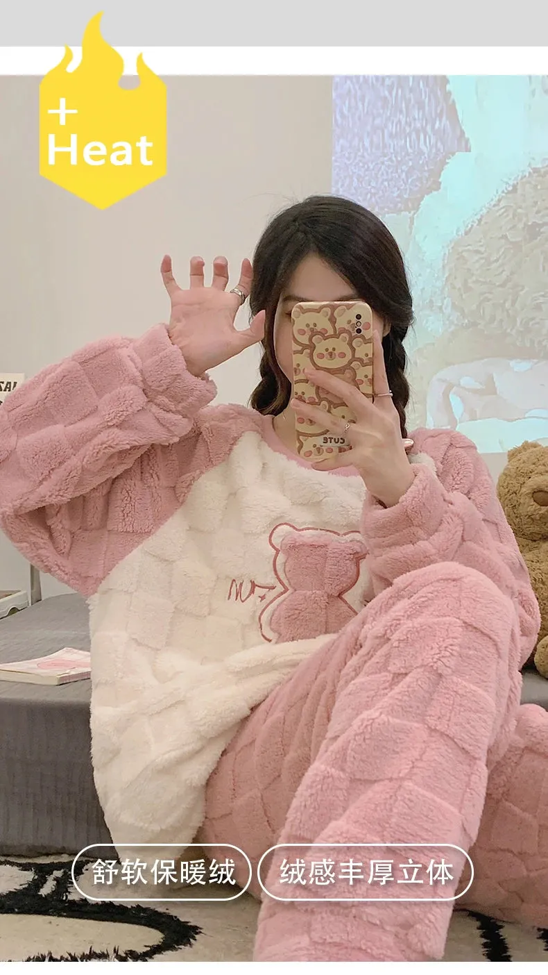 SUKAE HQ Chinese Thick Velvet Winter Women Thermal Pajamas Set Long Sleeves Pijamas Pink Bear Preppy Sleepwear Korean Pyjamas