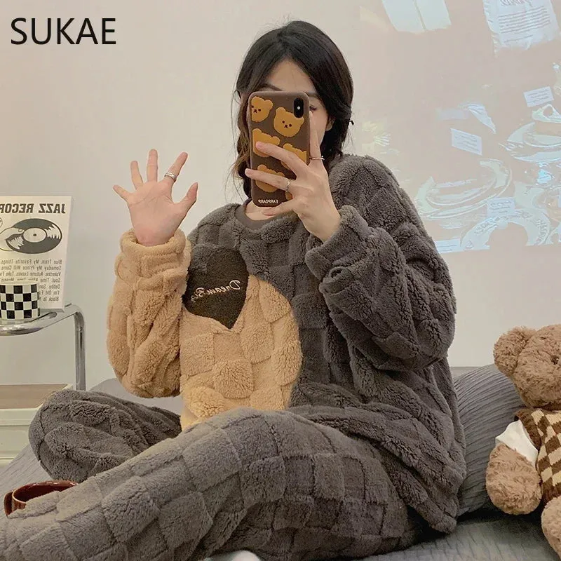 SUKAE HQ Chinese Thick Velvet Winter Women Thermal Pajamas Set Long Sleeves Pijamas Pink Bear Preppy Sleepwear Korean Pyjamas