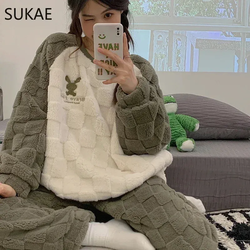 SUKAE HQ Chinese Thick Velvet Winter Women Thermal Pajamas Set Long Sleeves Pijamas Pink Bear Preppy Sleepwear Korean Pyjamas