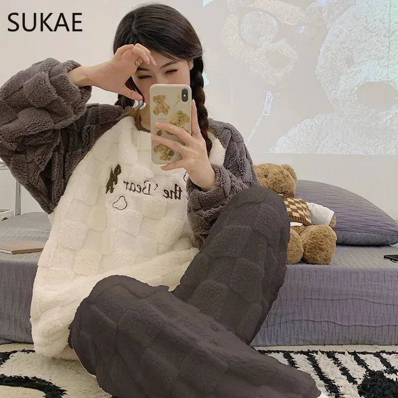 SUKAE HQ Chinese Thick Velvet Winter Women Thermal Pajamas Set Long Sleeves Pijamas Pink Bear Preppy Sleepwear Korean Pyjamas