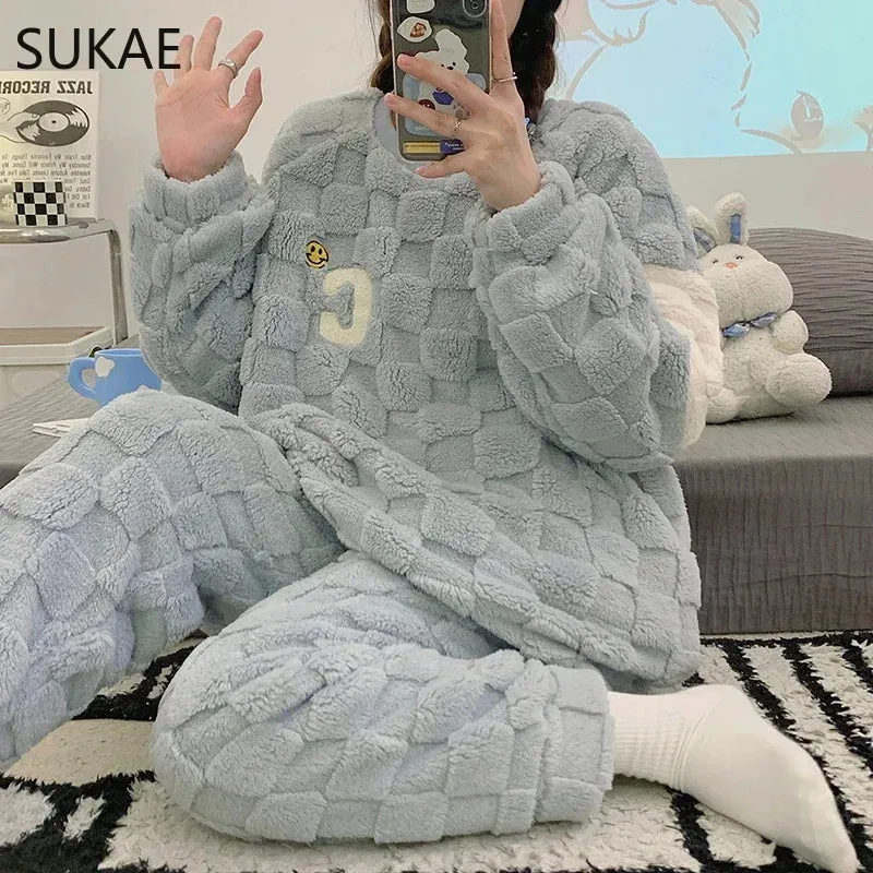 SUKAE HQ Chinese Thick Velvet Winter Women Thermal Pajamas Set Long Sleeves Pijamas Pink Bear Preppy Sleepwear Korean Pyjamas