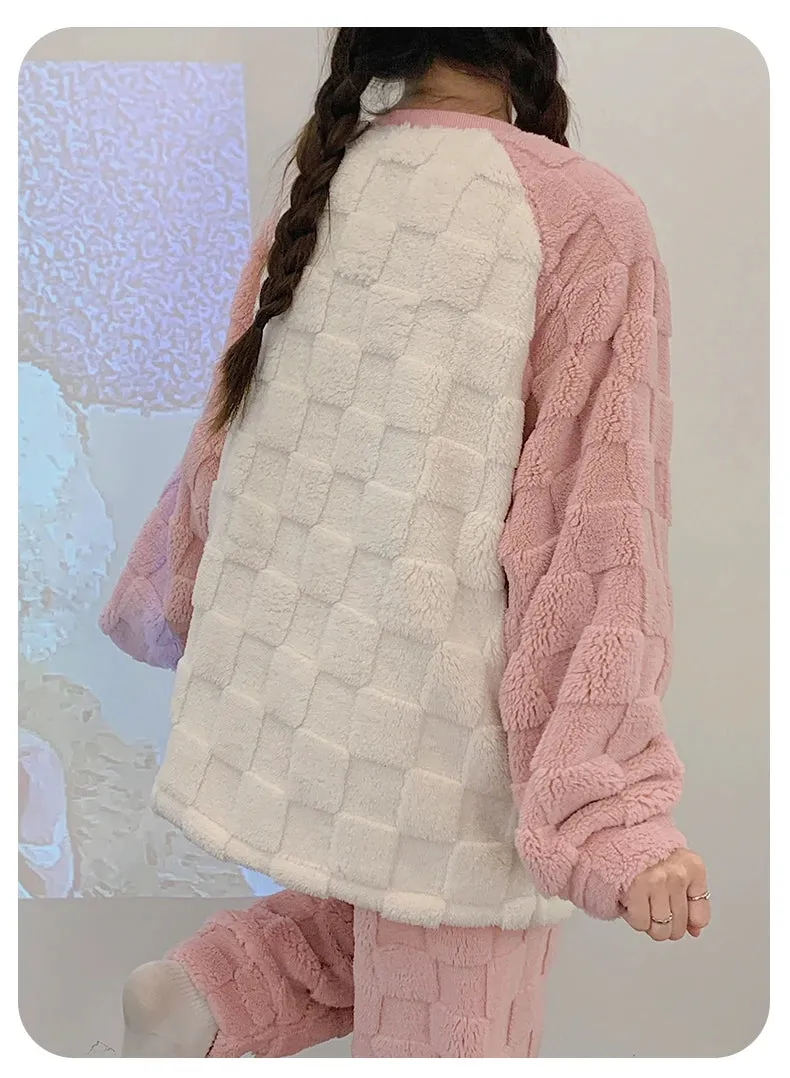 SUKAE HQ Chinese Thick Velvet Winter Women Thermal Pajamas Set Long Sleeves Pijamas Pink Bear Preppy Sleepwear Korean Pyjamas