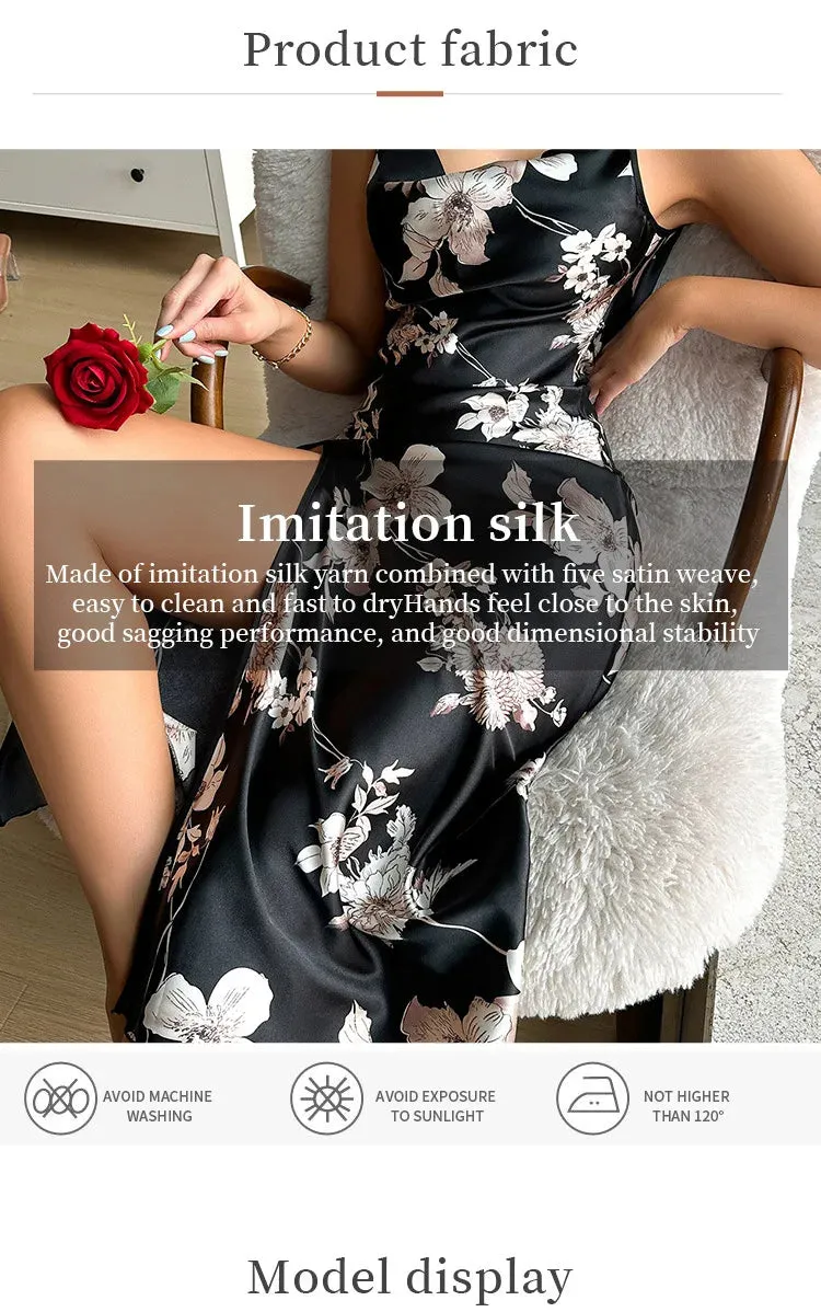 Summer Thin Breathable Women's Dress Ice Silk Slip Dress Sexy Floral Print Pajamas Open Back Split Nightdress Silk Pajamas