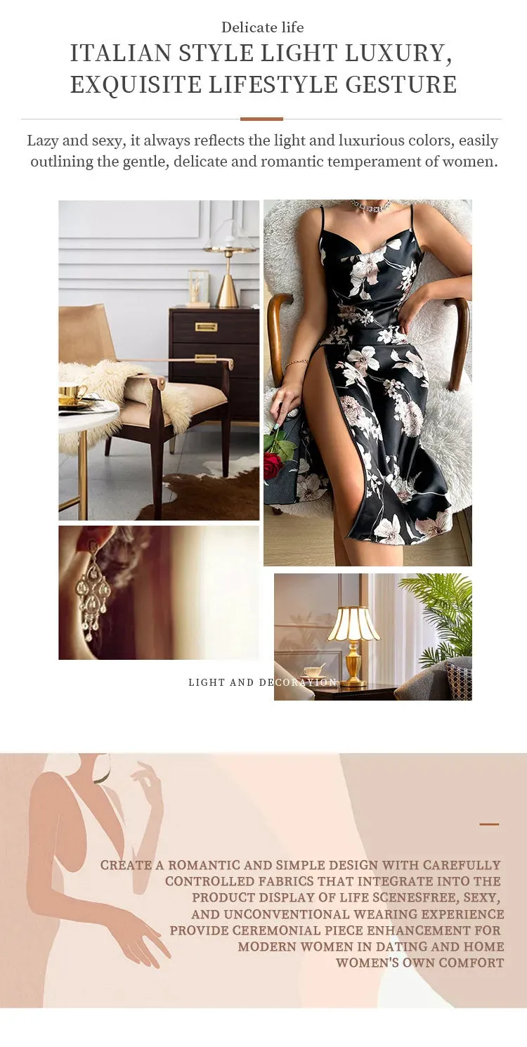 Summer Thin Breathable Women's Dress Ice Silk Slip Dress Sexy Floral Print Pajamas Open Back Split Nightdress Silk Pajamas