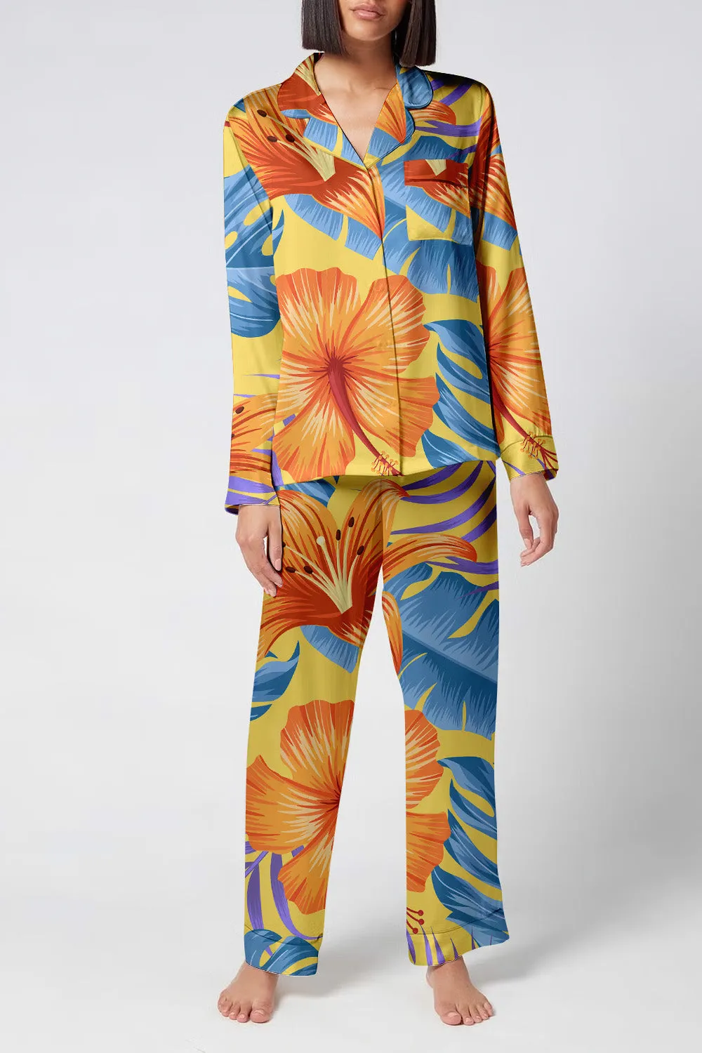 Sunset Tropic – Golden Bloom Satin Pajama Set