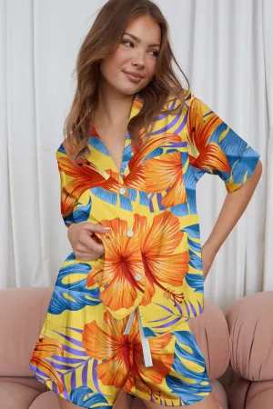 Sunset Tropic – Golden Bloom Satin Pajama Set