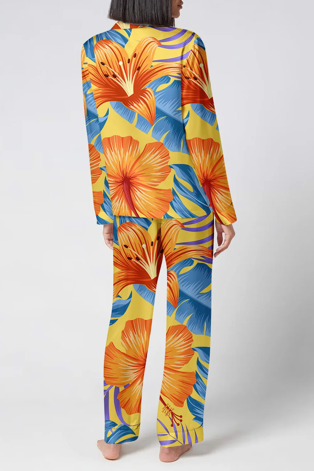 Sunset Tropic – Golden Bloom Satin Pajama Set
