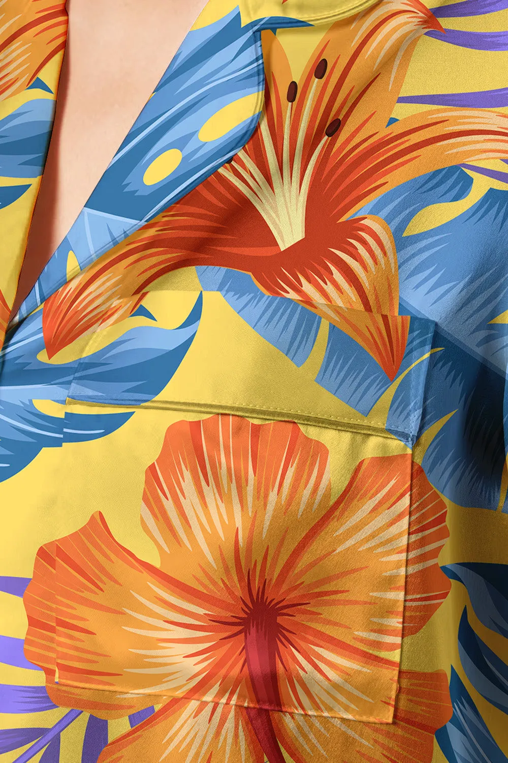 Sunset Tropic – Golden Bloom Satin Pajama Set