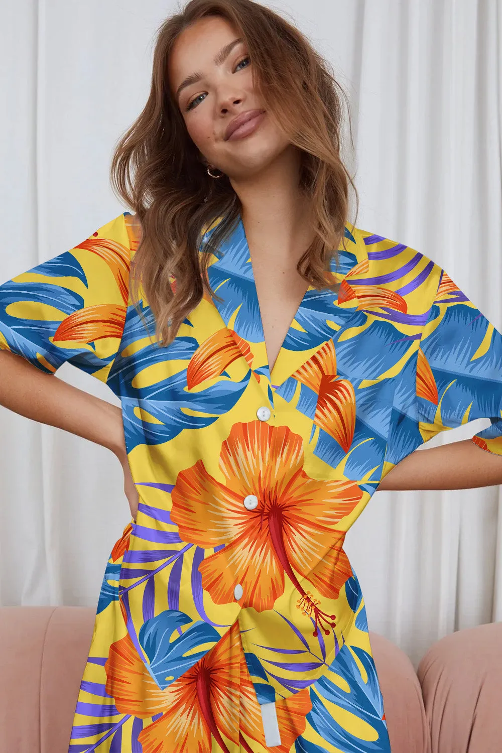 Sunset Tropic – Golden Bloom Satin Pajama Set