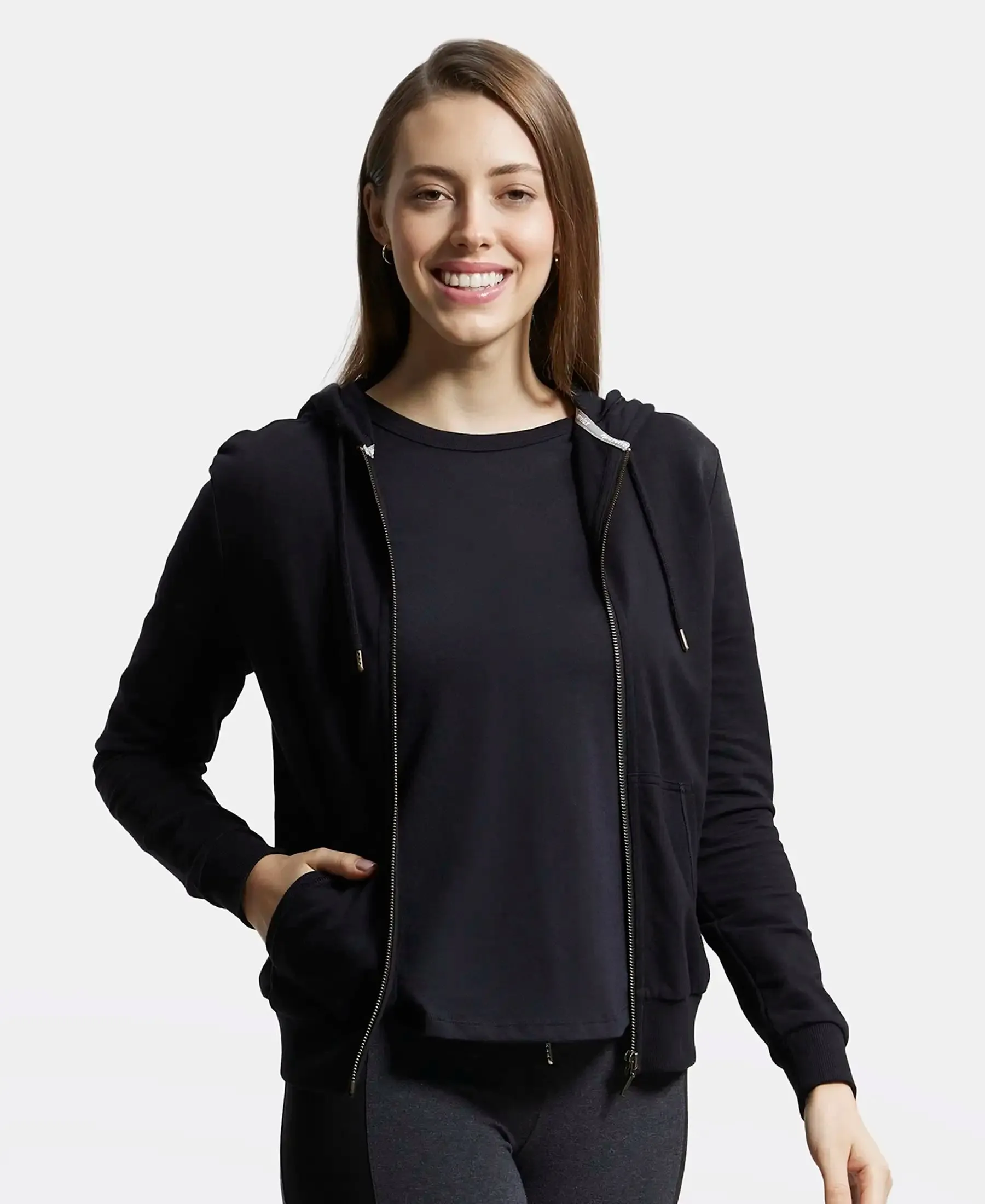 Super Combed Cotton French Terry Fabric Hoodie Jacket with Side Pockets - Black