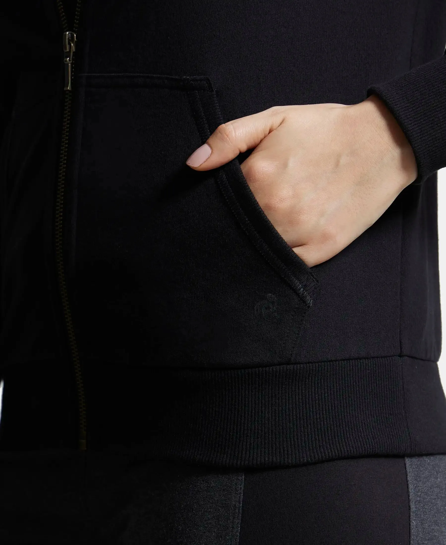 Super Combed Cotton French Terry Fabric Hoodie Jacket with Side Pockets - Black