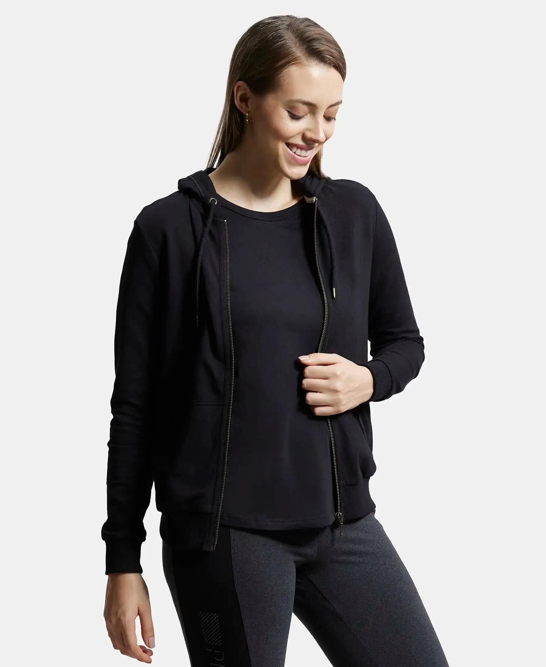 Super Combed Cotton French Terry Fabric Hoodie Jacket with Side Pockets - Black