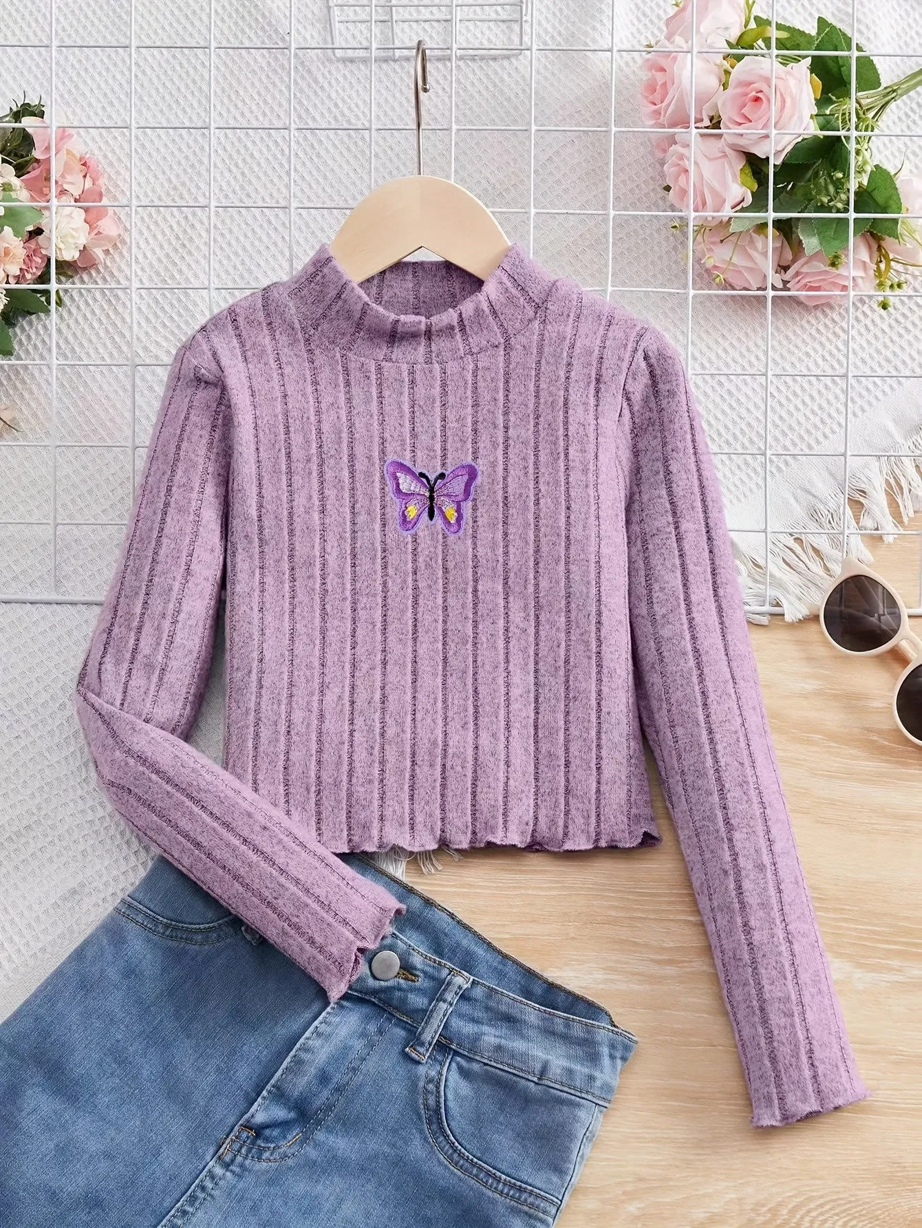 Sweet Butterfly Pattern Girls Mock-Neck Long Sleeve Knit Top Pullover, Suitable For Spring/ Fall, 1 Pc