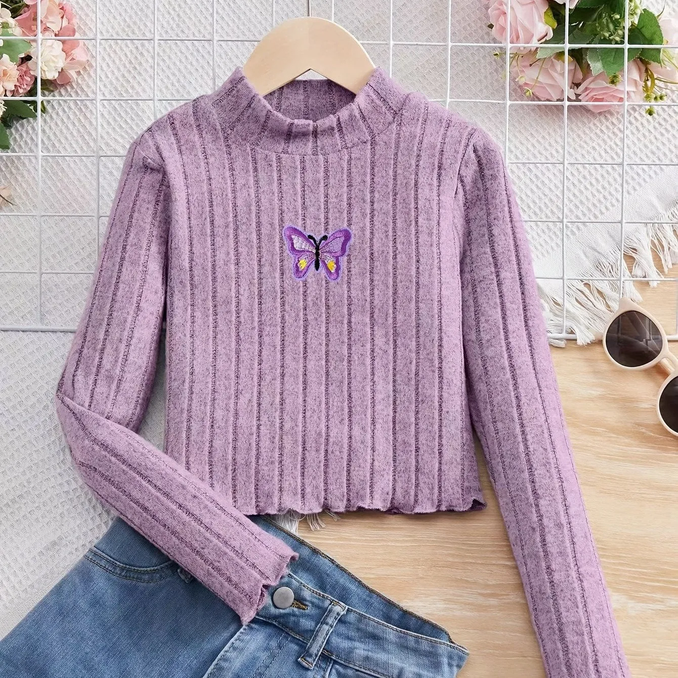 Sweet Butterfly Pattern Girls Mock-Neck Long Sleeve Knit Top Pullover, Suitable For Spring/ Fall, 1 Pc