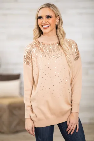 Tan and Gold Sequin Detail Mock Neck Sweater