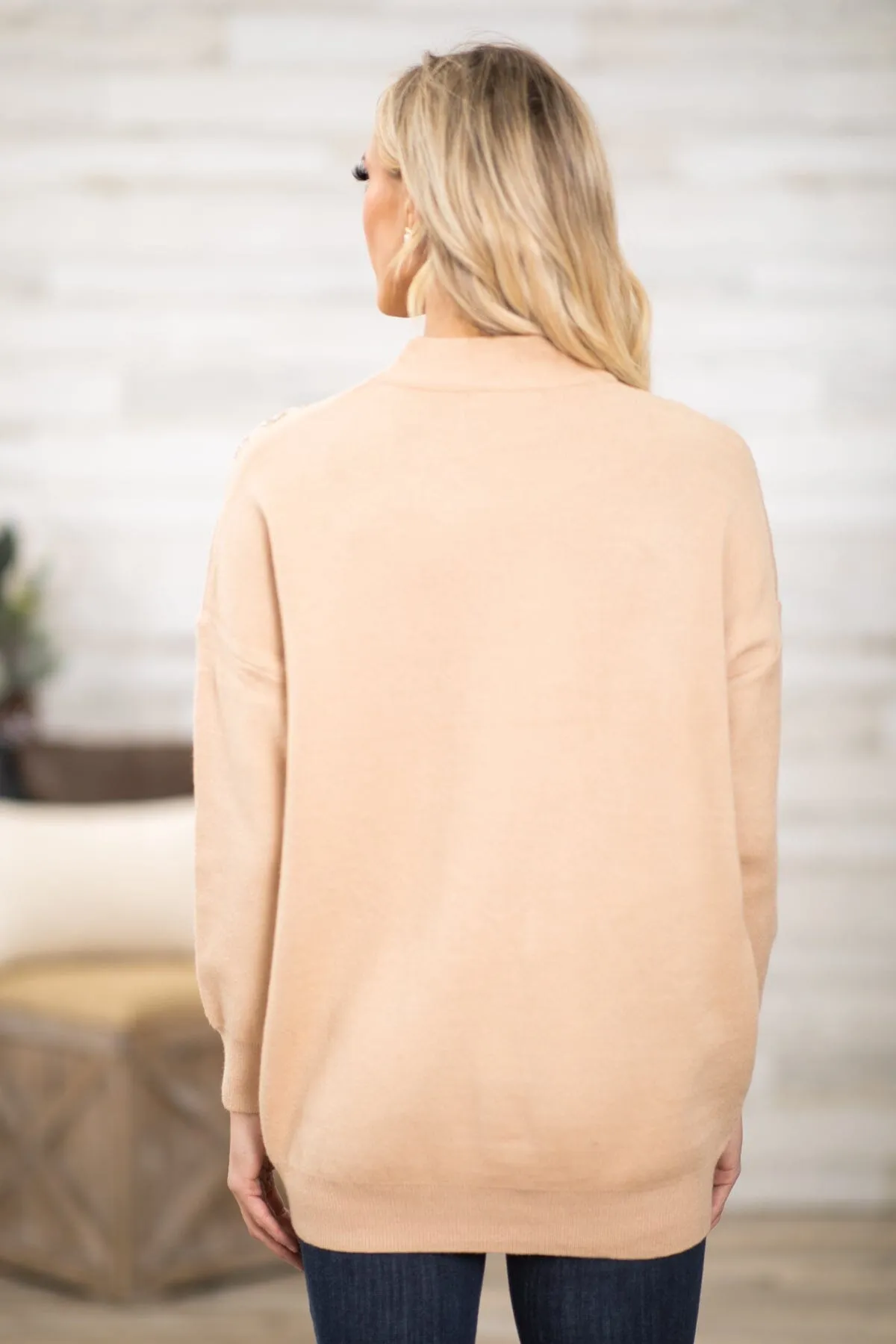 Tan and Gold Sequin Detail Mock Neck Sweater