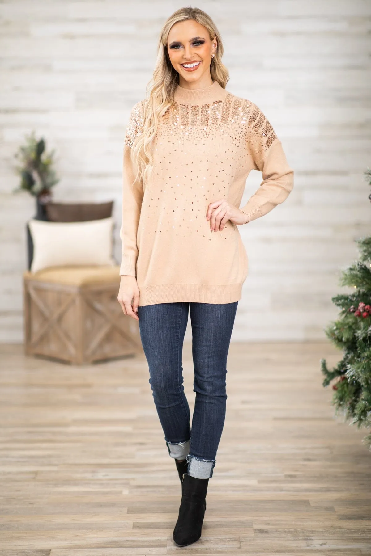 Tan and Gold Sequin Detail Mock Neck Sweater
