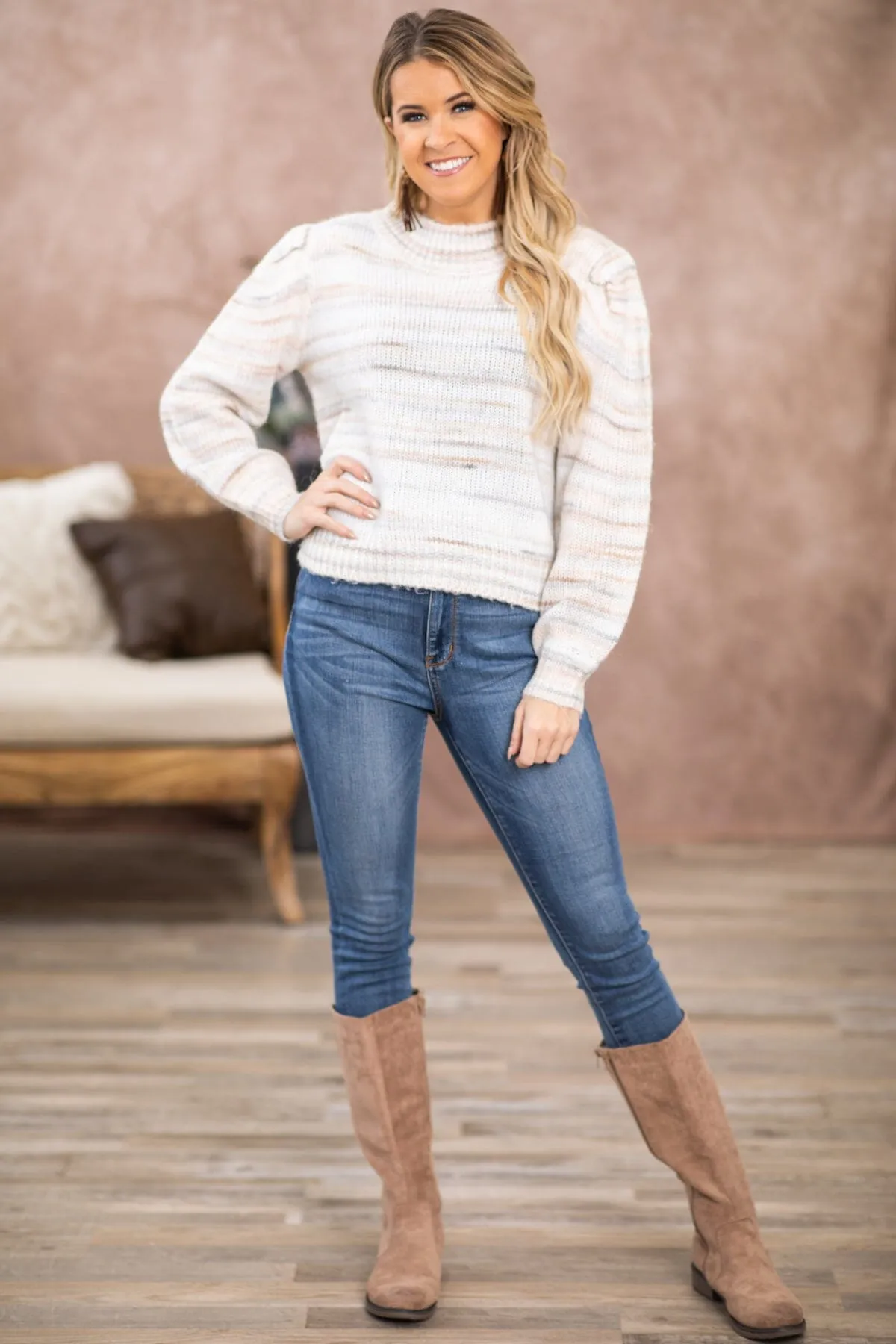 Tan and Grey Melange Mock Neck Sweater