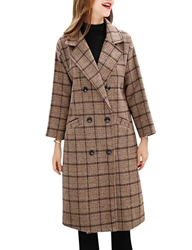 Tanming Women's Plaid Wool Blend Pea Coat