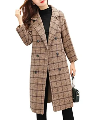 Tanming Women's Plaid Wool Blend Pea Coat