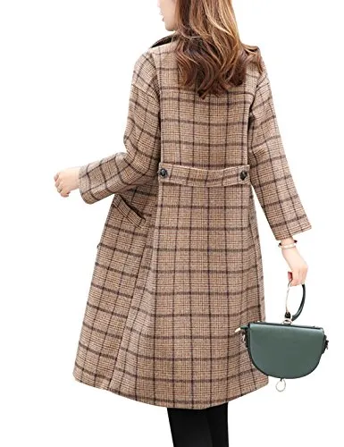 Tanming Women's Plaid Wool Blend Pea Coat