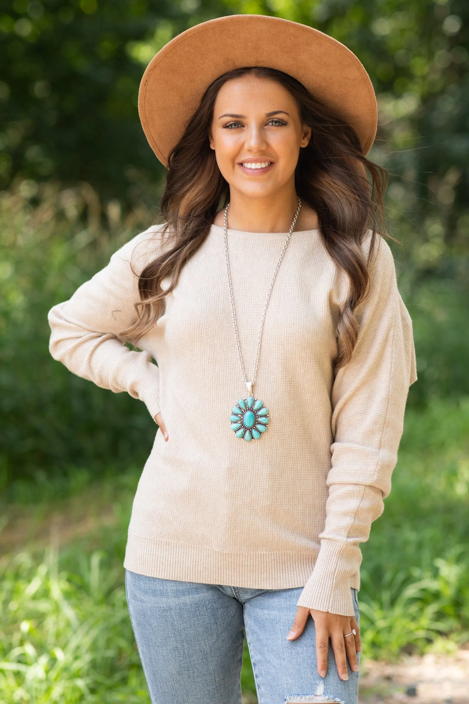 Taupe Dolman Sleeve Soft Waffle Knit Top