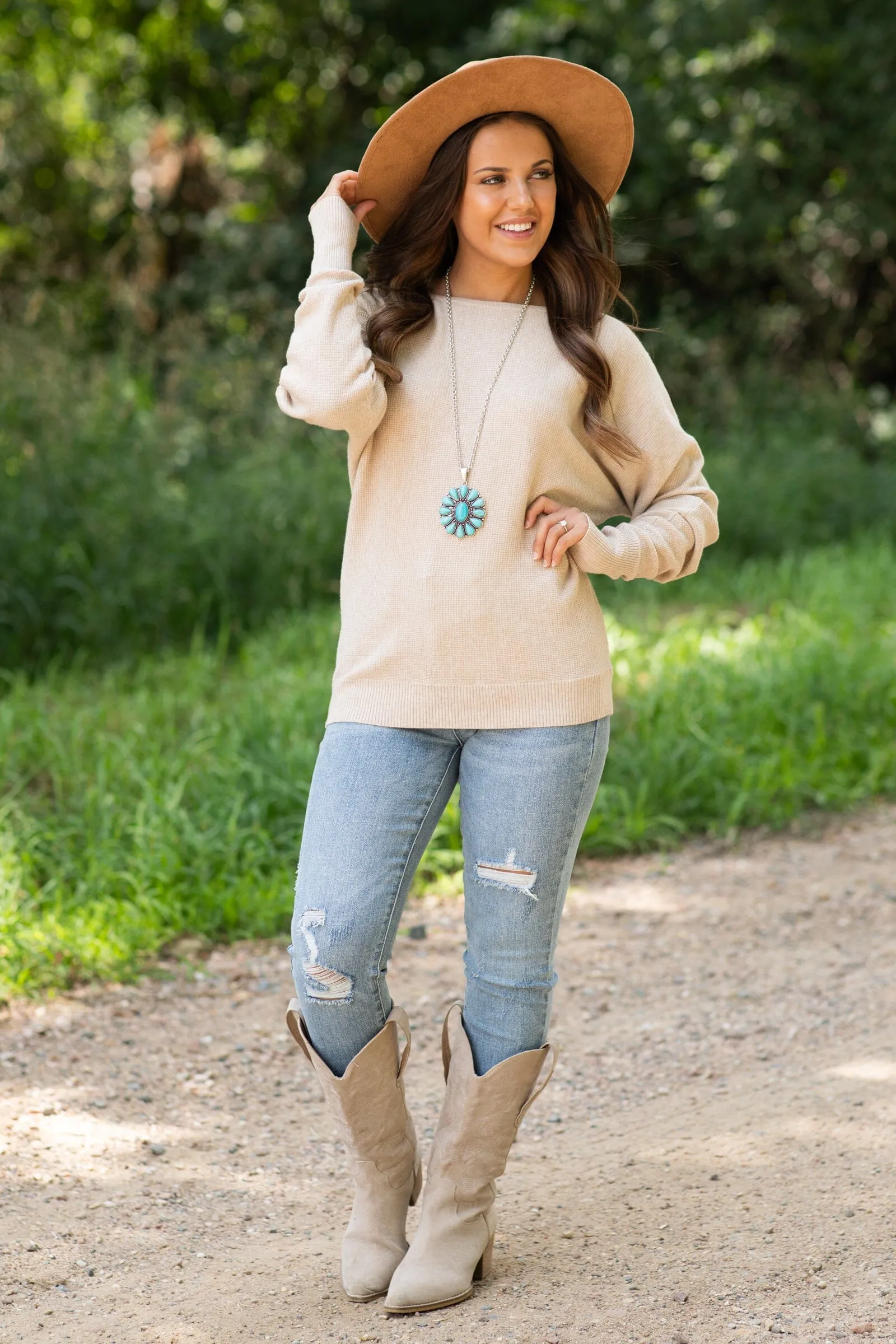 Taupe Dolman Sleeve Soft Waffle Knit Top