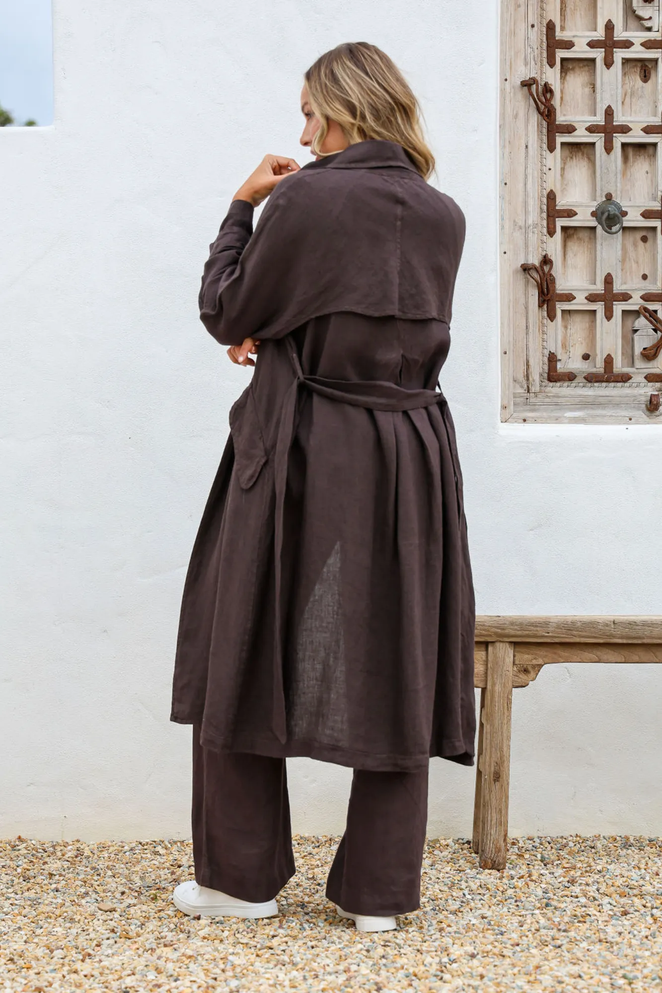 'Teddi' Linen Trench Coat - Chocolate