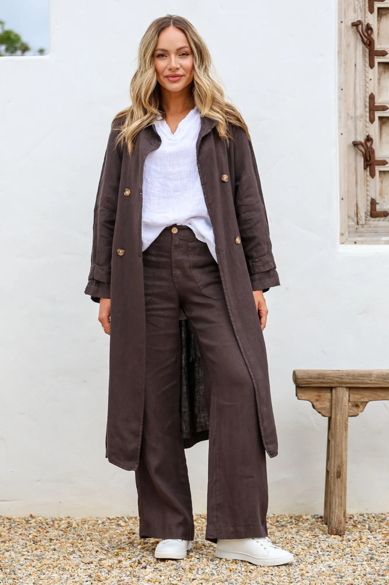 'Teddi' Linen Trench Coat - Chocolate