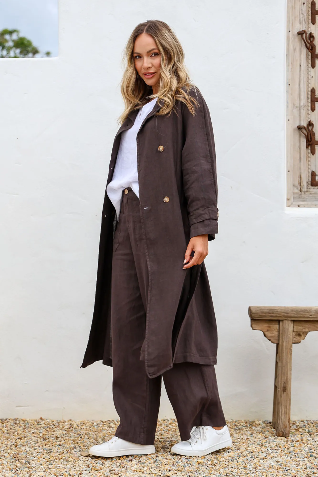 'Teddi' Linen Trench Coat - Chocolate