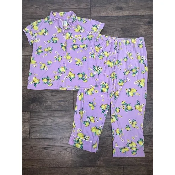 The Cats Pajamas Woodside Pjs Women Long Sleeve Pant Set Pink Lemons Floral XL