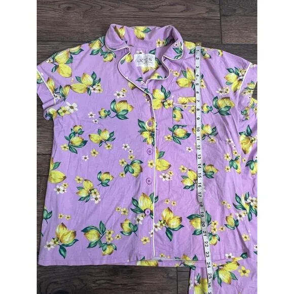 The Cats Pajamas Woodside Pjs Women Long Sleeve Pant Set Pink Lemons Floral XL