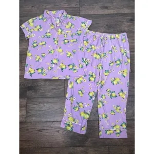 The Cats Pajamas Woodside Pjs Women Long Sleeve Pant Set Pink Lemons Floral XL