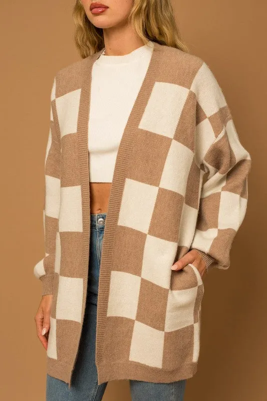 Tilly Checker Cardigan - Taupe & White, Knit Sweater, Open Front, Longline