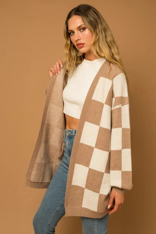 Tilly Checker Cardigan - Taupe & White, Knit Sweater, Open Front, Longline