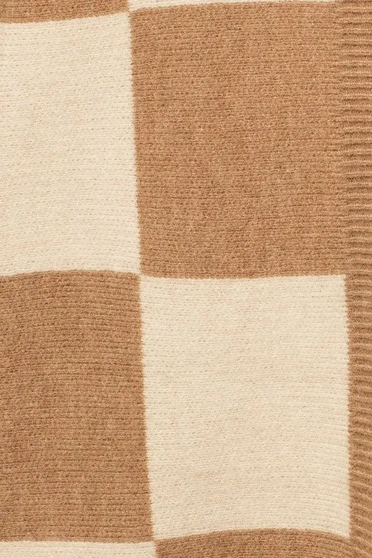 Tilly Checker Cardigan - Taupe & White, Knit Sweater, Open Front, Longline