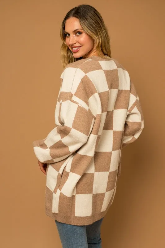 Tilly Checker Cardigan - Taupe & White, Knit Sweater, Open Front, Longline